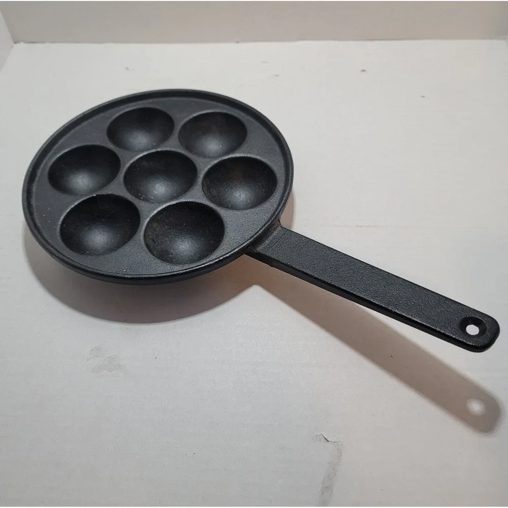 Vintage Cast Iron Aebleskiver Pan 7-Hole Danish Pancake Puffs Egg Poacher